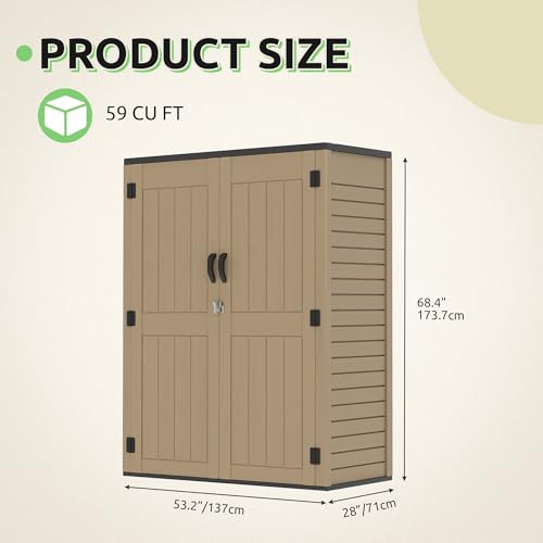 Brown Resin Vertical Outdoor Storage Shed, 59 Cubic Feet J83445
