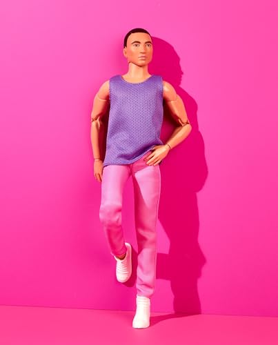 Barbie Ken Fashion Doll with Black Hair in Purple Mesh Top & Pink Trousers, Posable Collectible with Made to Move Body Z493