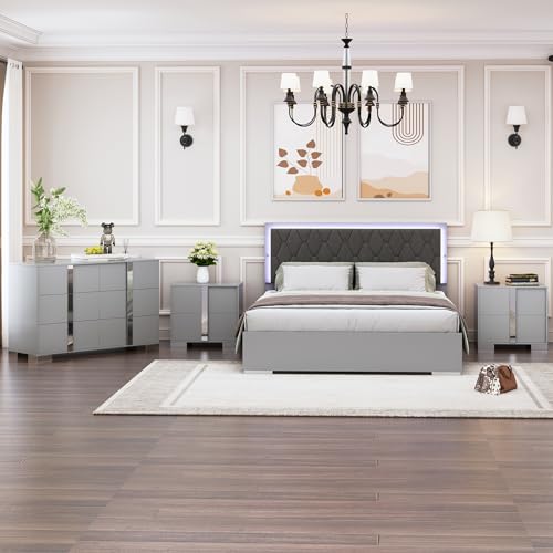Queen Wood Upholstered Bed with LED Lights, 2 Mirrored Nightstands, 6-Drawer Dresser with Metal Handles and Legs (Grey) M8352