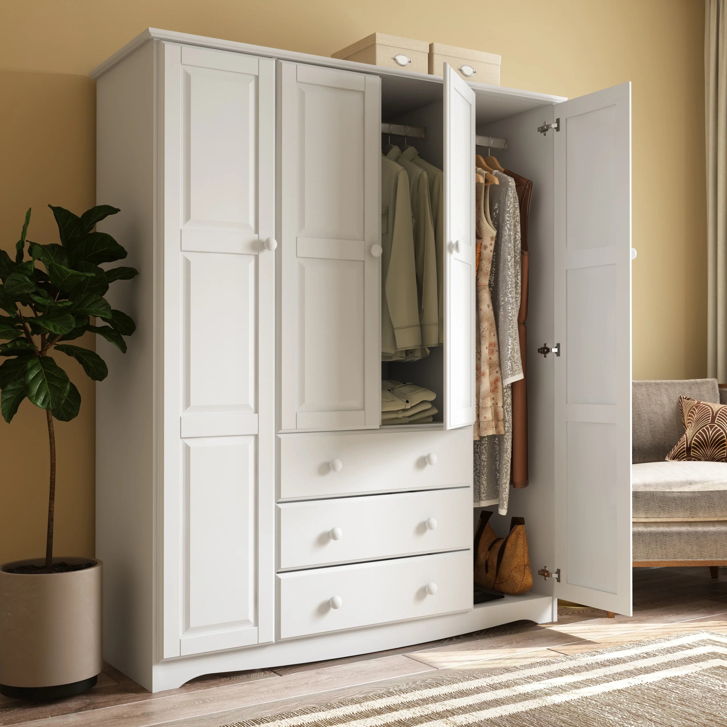 100% Solid Wood 4-Door Wardrobe Armoire D67568