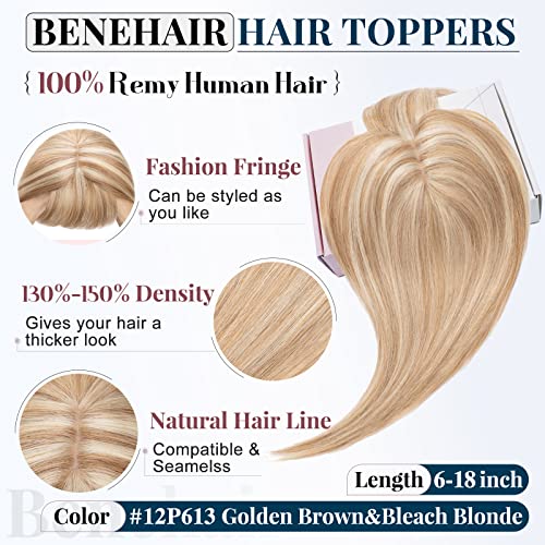 Medium Brown Mix Dark Blonde Real Remy Human Hair Topper with Bangs 38g 6inch M779503