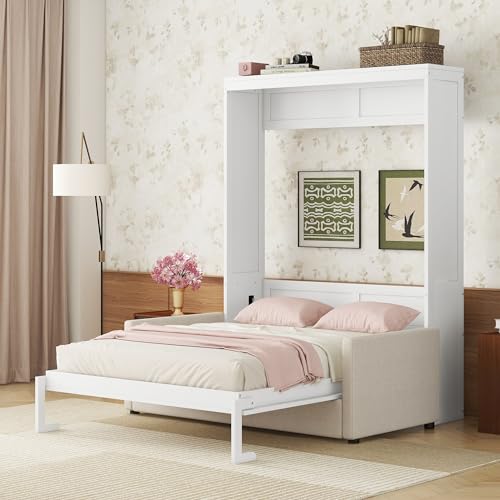 White Queen Size Wood Murphy Bed with Cushion T64867