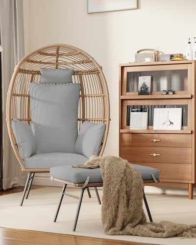 Oversized Rattan Egg Chair with Ottoman and Cushion V69237