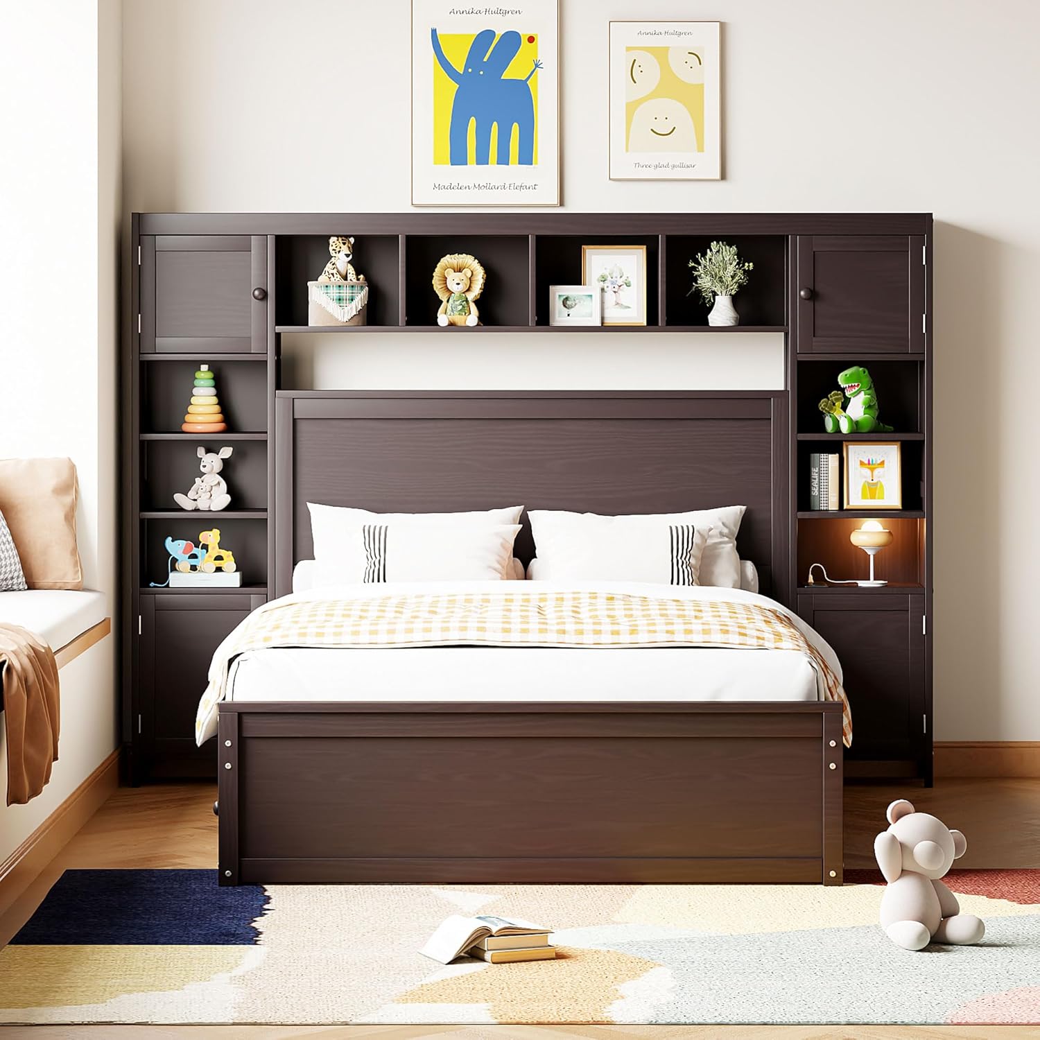 Full Size Wood Storage Bed with Bookcase Headboard and Trundle F681