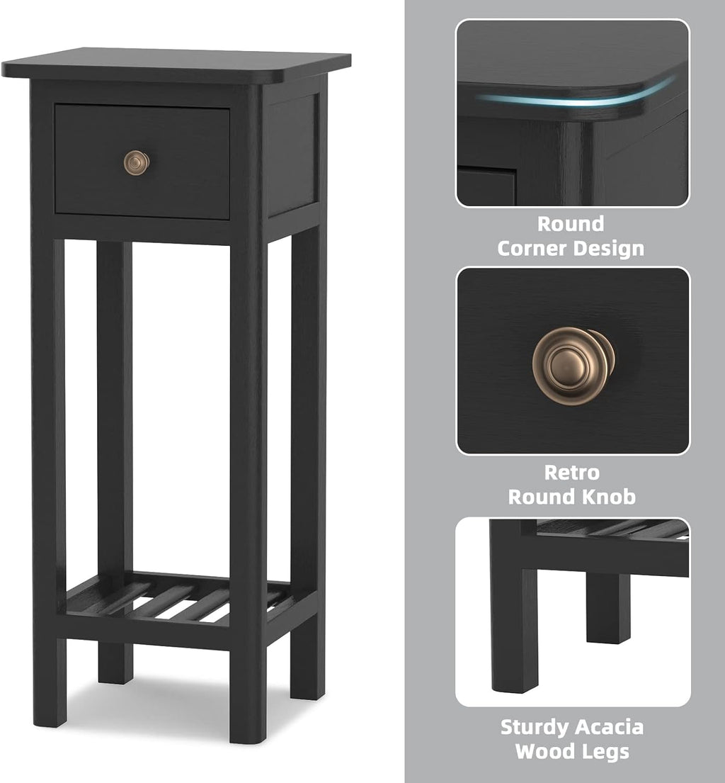 Black Narrow End Table Set of 2 with Drawer & Shelf Q8805