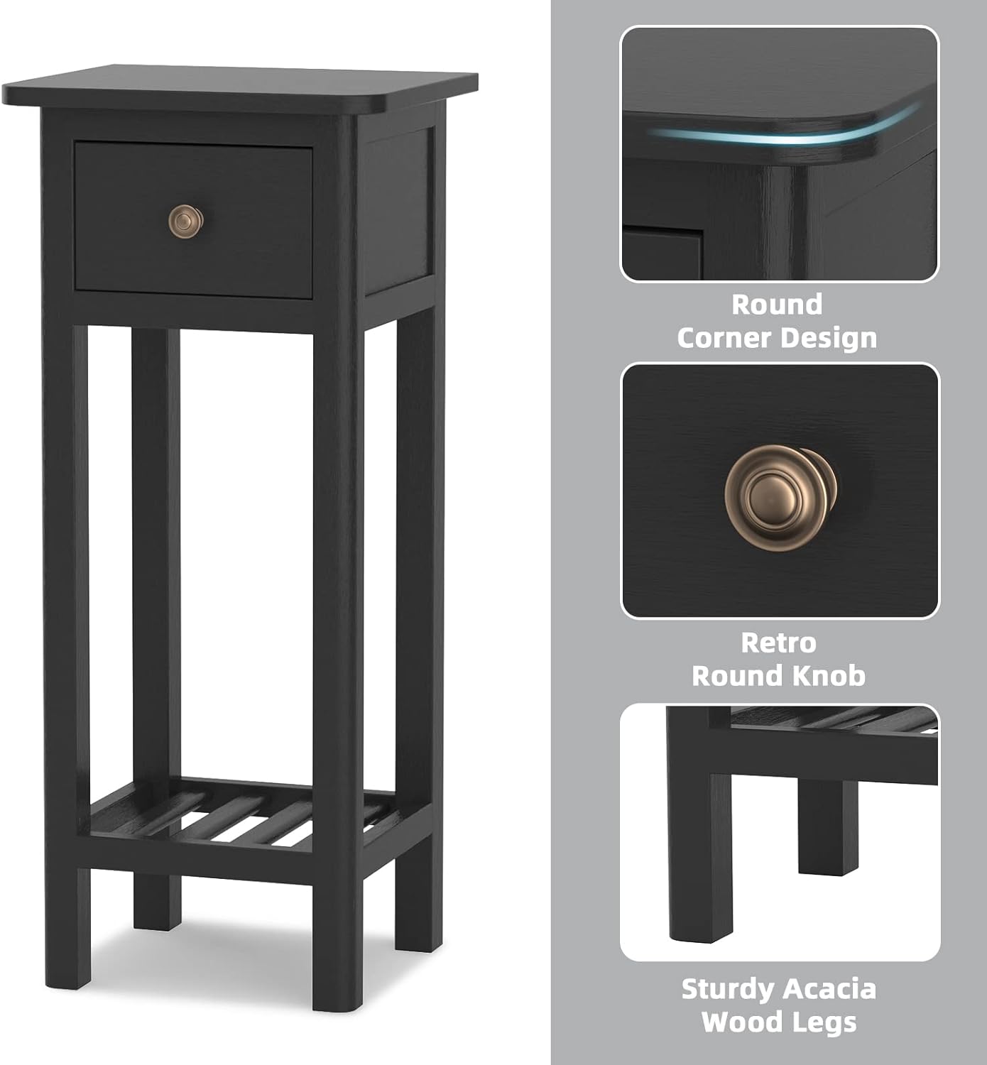 Black Narrow End Table Set of 2 with Drawer & Shelf Q8805