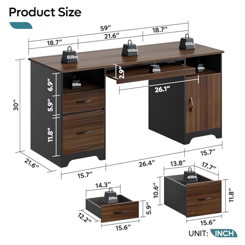 59" Executive Desk with 2 Drawers, Storage Cabinet, File Drawer, Keyboard Tray & 2 Pedestals, Cherry A98044