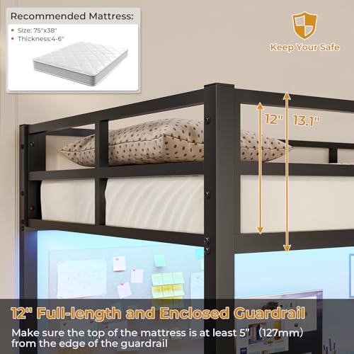 White Twin Size Metal Loft Bed with Desk and Led Lights C577980