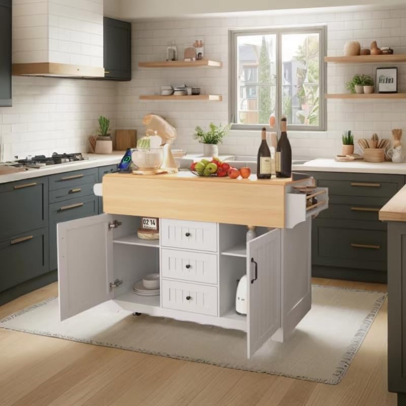 Black Kitchen Island with Drop Leaf, 3 Drawers, Power Outlet Q1280