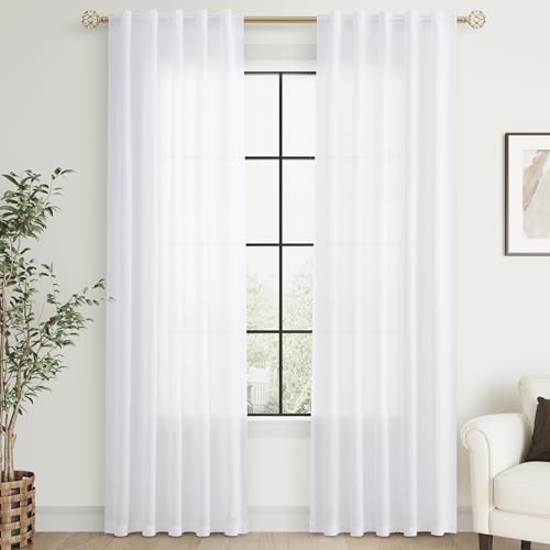Natural Cream Linen Curtains 90 inch Long 2 Panels Semi Sheer Light Filtering Back Tab Rod Pocket E44846