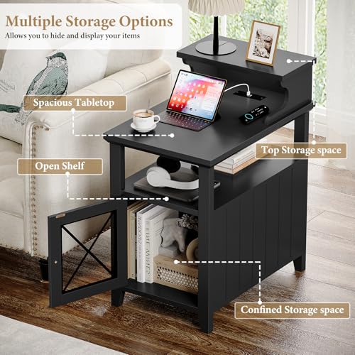 Black Farmhouse End Table with Charging Station and LED Lights C173