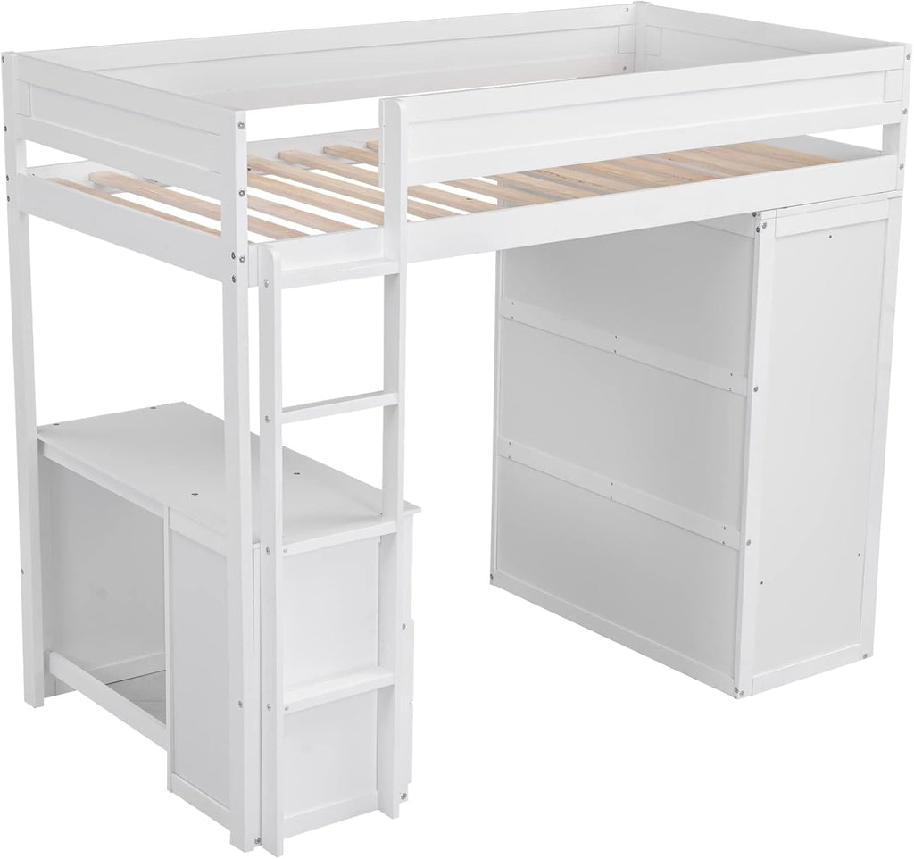 White Wooden Twin Size Loft Bed with Desk and Wardrobe T6834