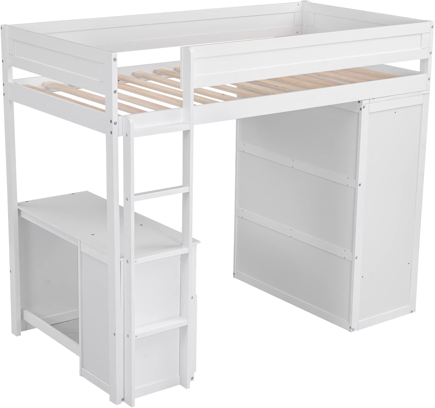White Wooden Twin Size Loft Bed with Desk and Wardrobe T6834