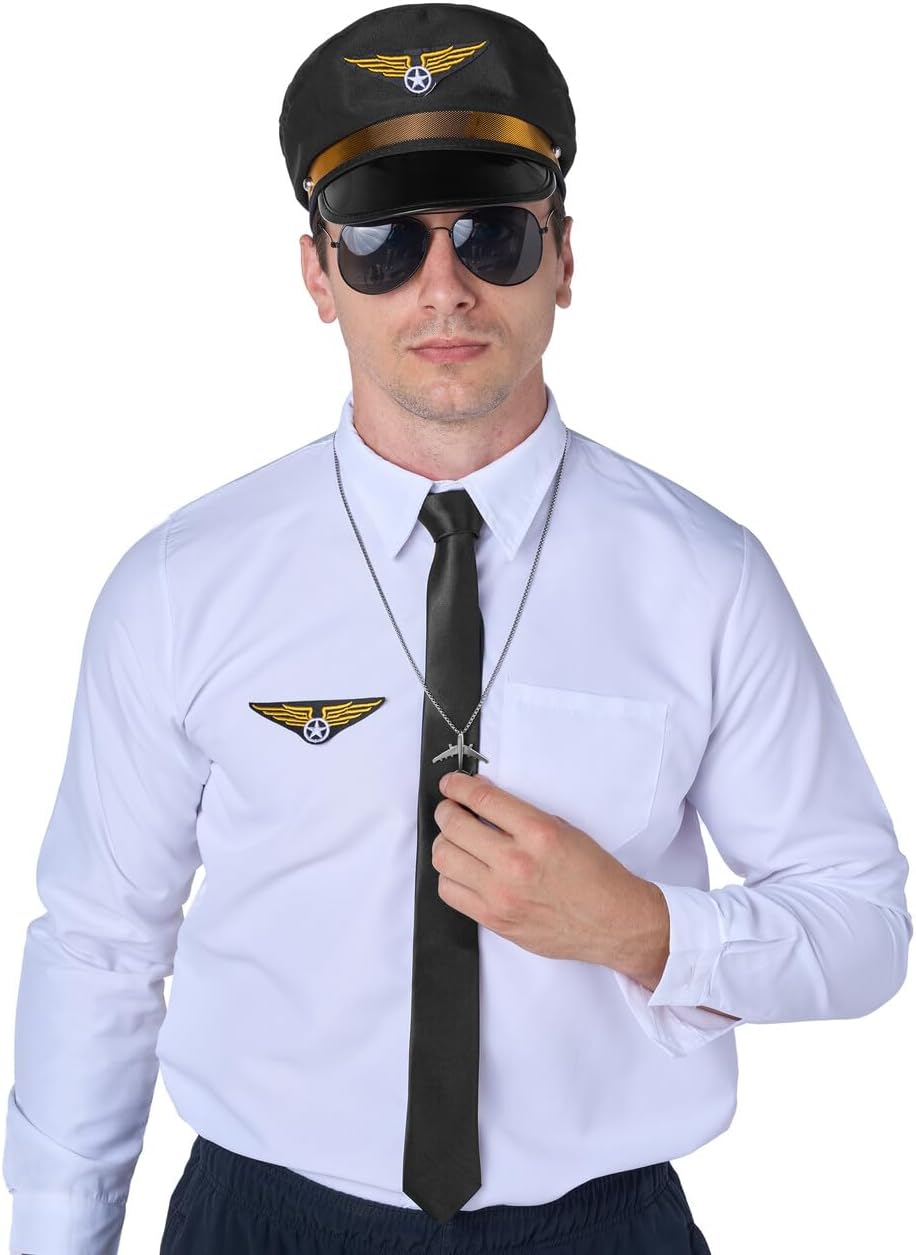 5 PCS Pilot Costume Kit with Sunglasses, Tie, Hat, Wings Patch and Necklace I308749