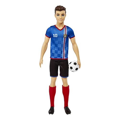 Ken Fashion Doll with Short Cropped Hair, Uniform, Tall Socks, Cleats & Ball D14055