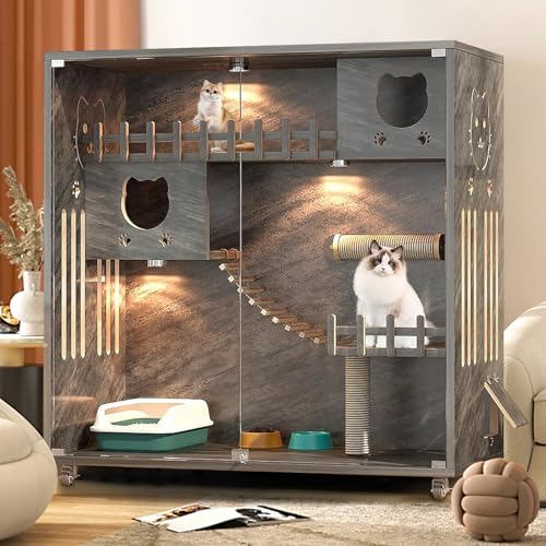 Grey Wooden Cat Condo with Scratching Post, 50" X 48" X 24" U594