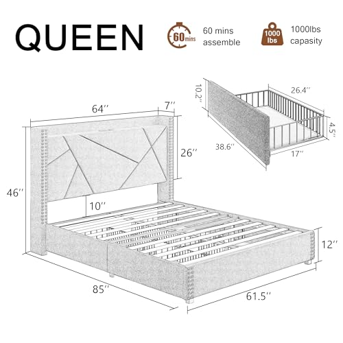 Light Grey Queen Bed Frame with 4 Storage Drawers K283047