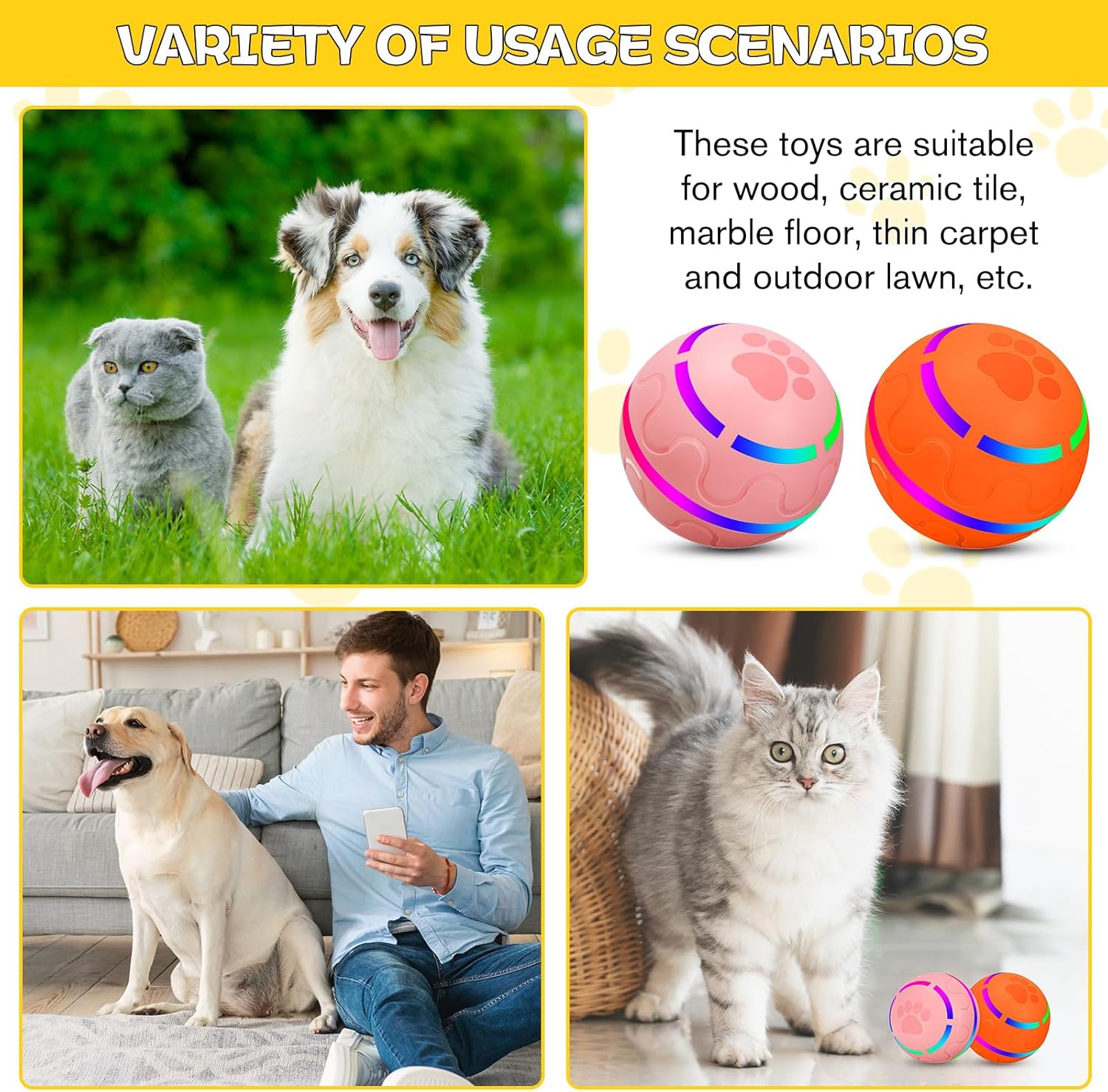 2 Pcs Interactive Dog Toys Peppy Pet Ball Moving Automatic Rolling Ball with LED Flashlight USB Rechargeable (Orange, Pink) K6407