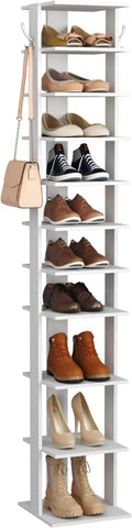 10-Tier Vertical Shoe Rack, Corner Shoe Tower, Slim Shoe Organizer with Two Hanging Hooks, Wooden Shoe Storage Stand (White) N684683