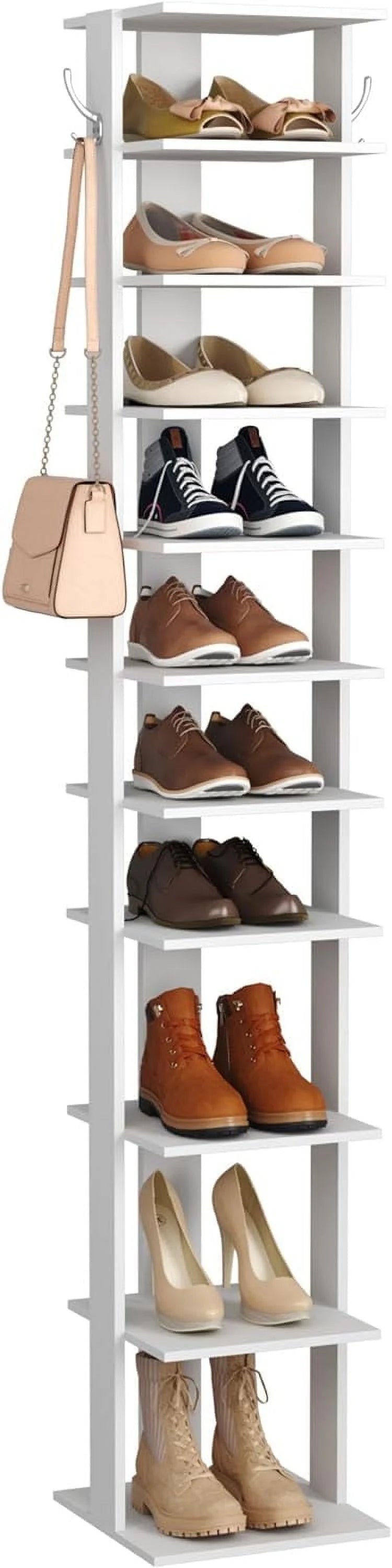 10-Tier Vertical Shoe Rack, Corner Shoe Tower, Slim Shoe Organizer with Two Hanging Hooks, Wooden Shoe Storage Stand (White) N684683