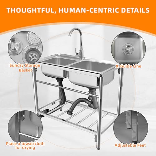 Stainless Steel Double Bowl Free Standing Utility Sink 31.5" x 16.9" x 29.5" A3040