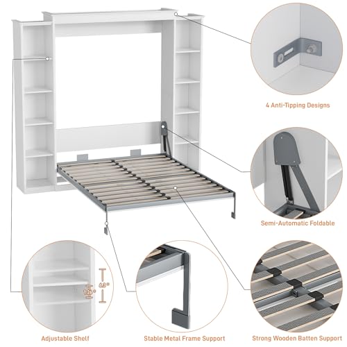 White Queen Murphy Bed Cabinet with 5-Tier Adjustable Storage Shelves L36209
