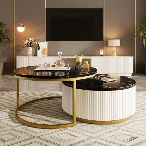 White Gold Round Nesting Coffee Table with Drawer P474489