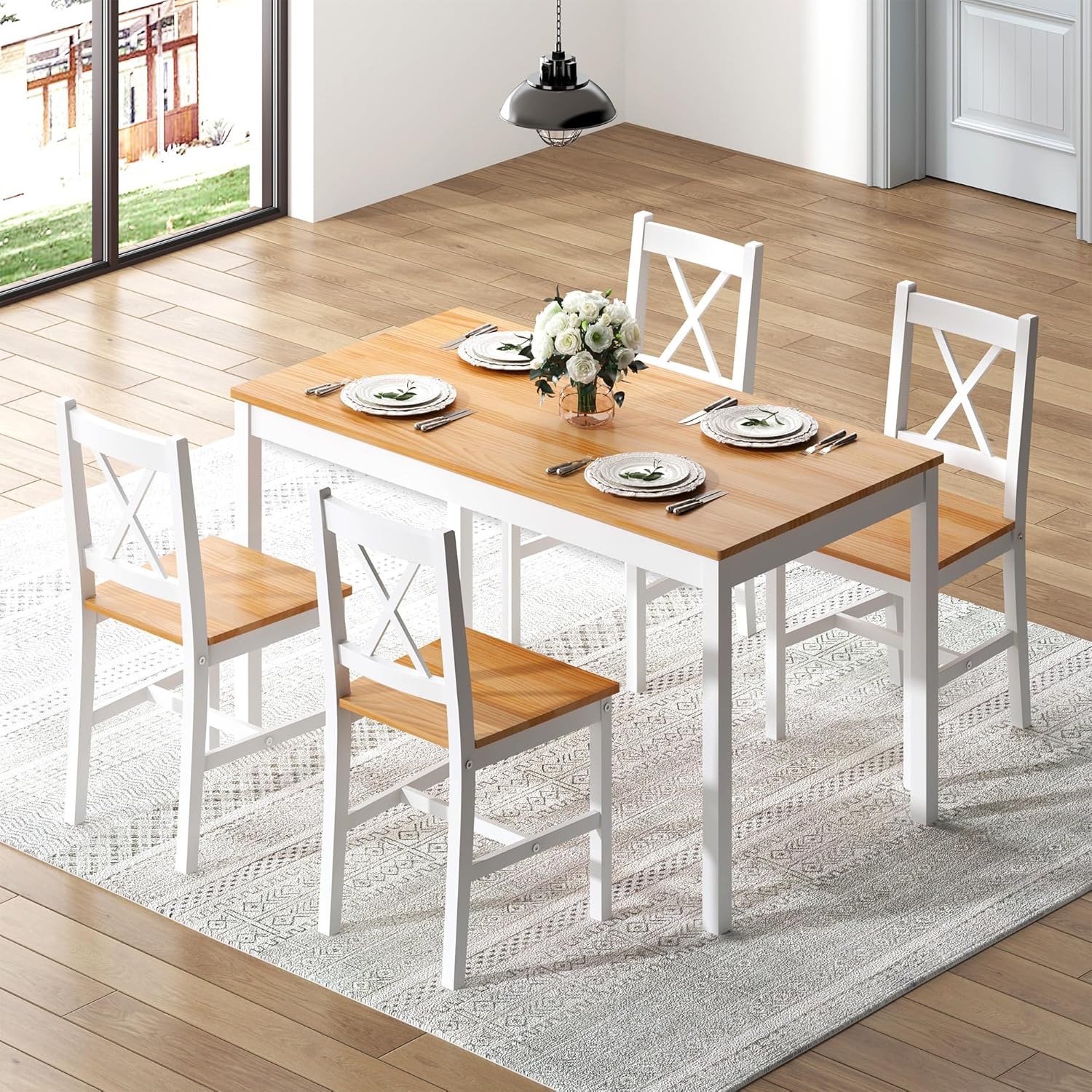 5 Piece Pine Wood Dining Table Set with 4 Chairs N772