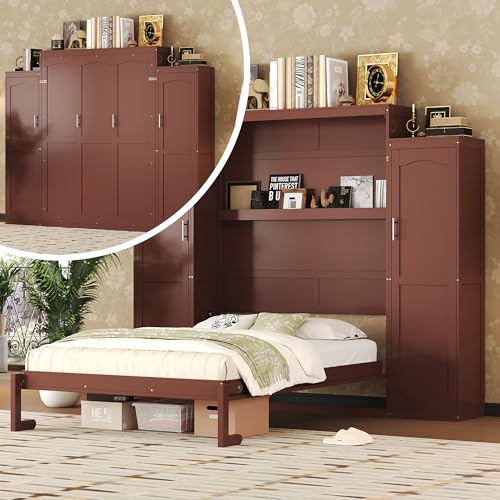 Full Size Murphy Bed with Two Wardrobes and Storage Shelf (White) J647
