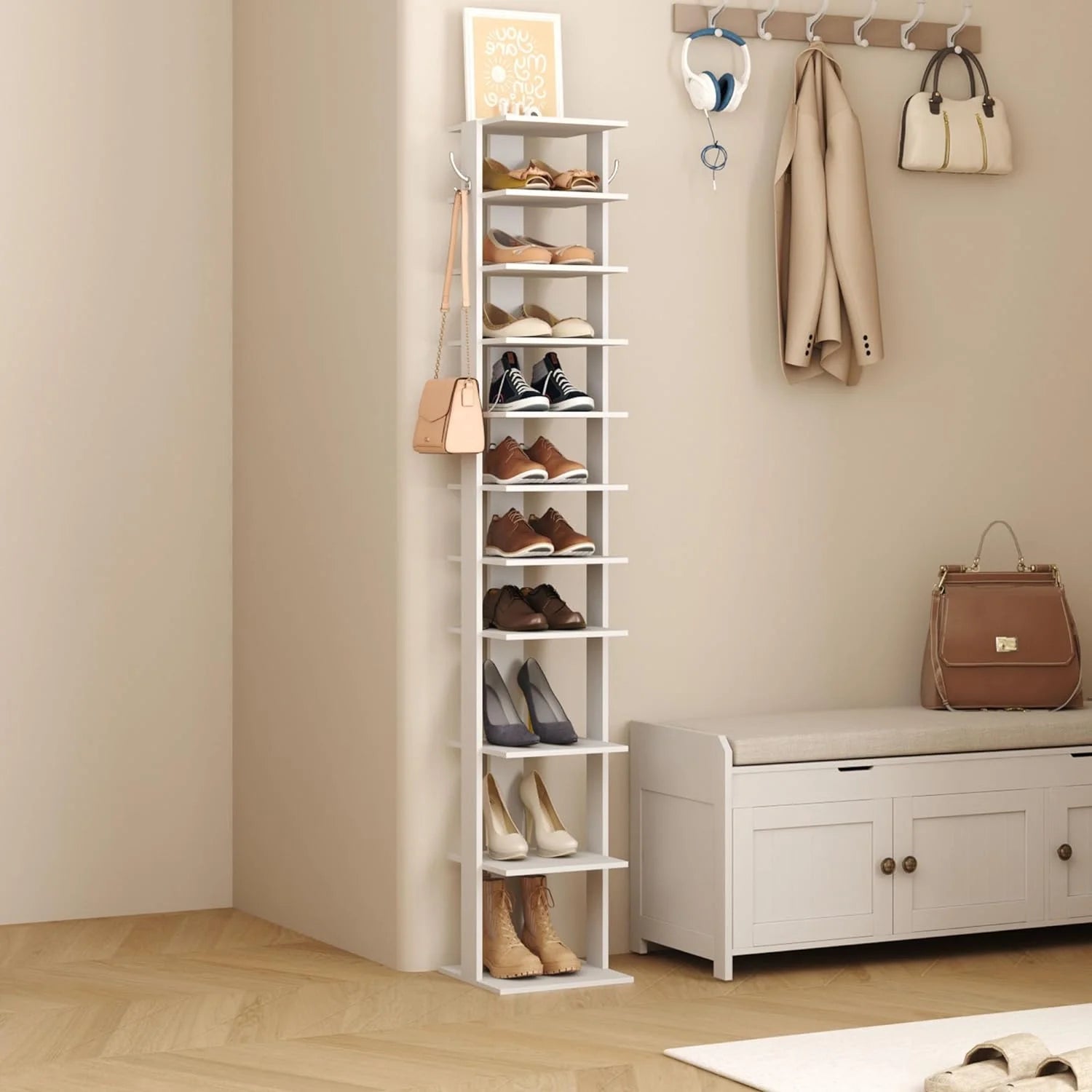 10-Tier Vertical Shoe Rack, Corner Shoe Tower, Slim Shoe Organizer with Two Hanging Hooks, Wooden Shoe Storage Stand (White) N684683