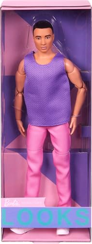 Barbie Ken Fashion Doll with Black Hair in Purple Mesh Top & Pink Trousers, Posable Collectible with Made to Move Body Z493