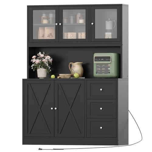 Natural Tall Kitchen Pantry Cabinet with Drawer and Glass Doors G7400