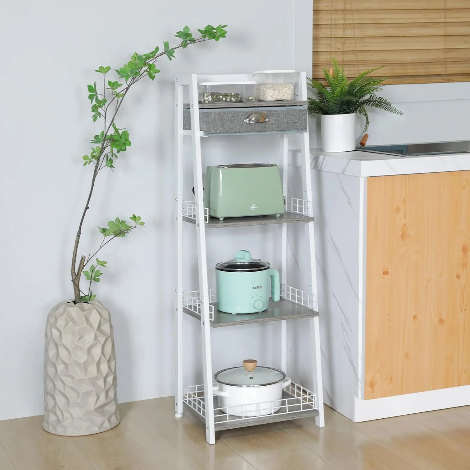 White 4 Tier Ladder Shelf with Drawer S50609