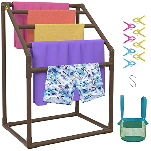 5 Bar Brown Freestanding PVC Pool Towel Rack with 8 Towel Clips L490