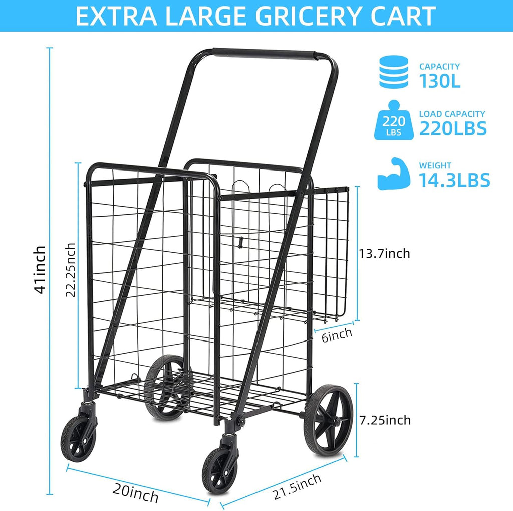 Folding Shopping Cart with Wheels Removable Oxford Cloth Liner Compact Utility Cart Black A6173