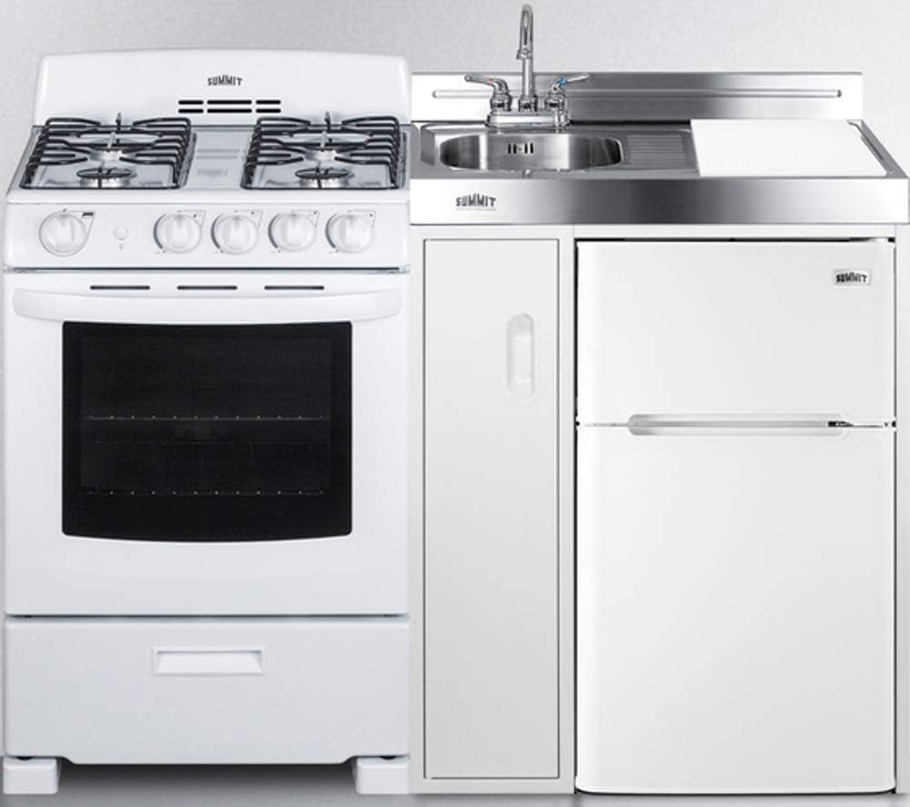54" Wide All-in-One Kitchenette with 4-Burner Gas Range, Refrigerator-Freezer, Sink, Cutting Board and Storage Cabinet H7903