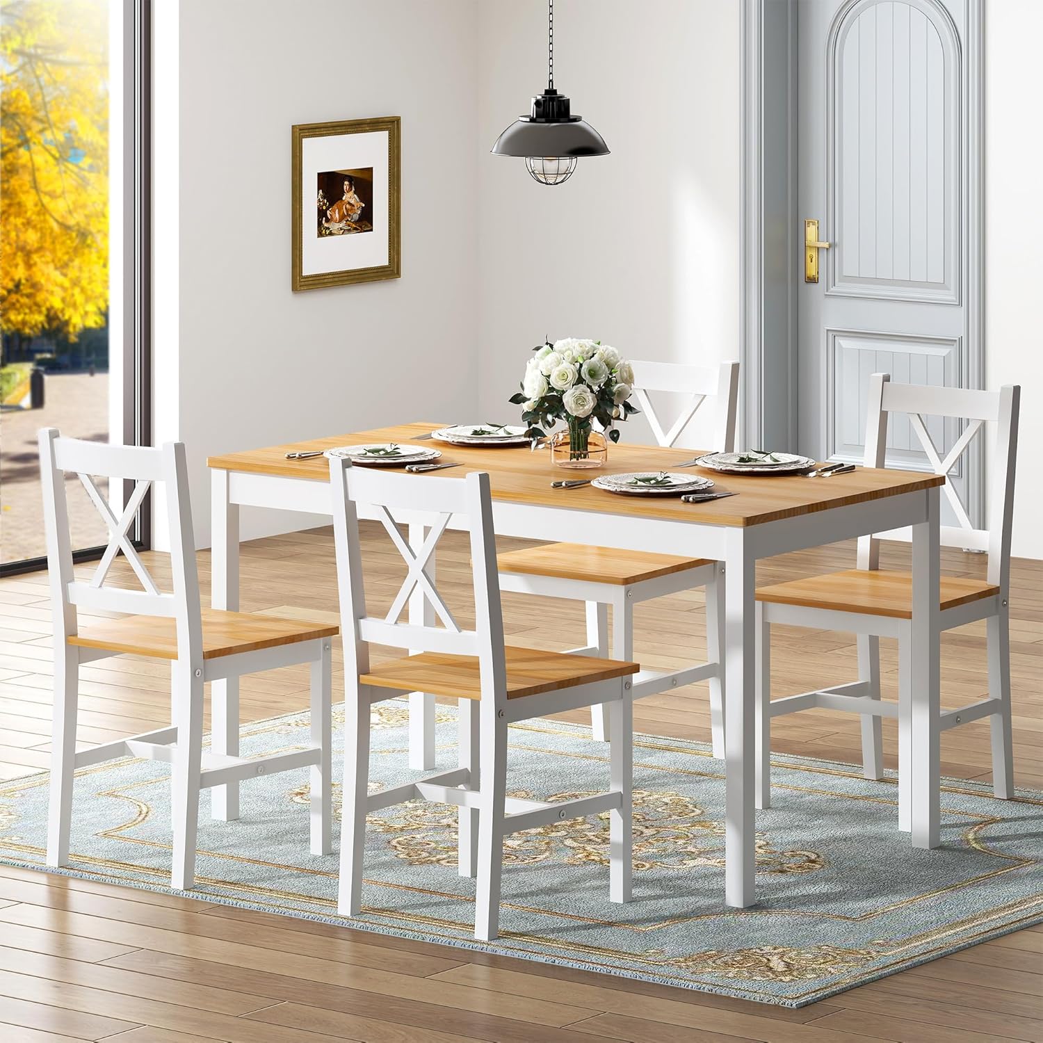 5 Piece Pine Wood Dining Table Set with 4 Chairs N772