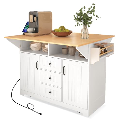 Black Kitchen Island with Drop Leaf, 3 Drawers, Power Outlet Q1280