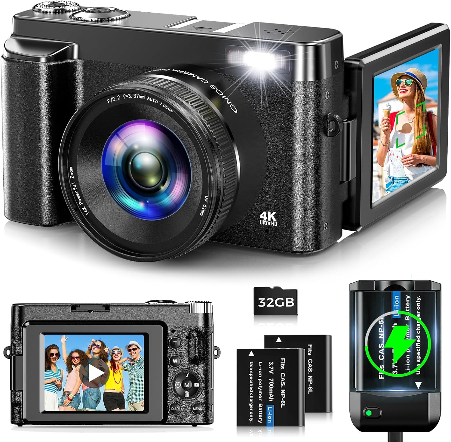 48MP 4K Digital Camera with 3'' Flip Screen 16X Digital Zoom D1638