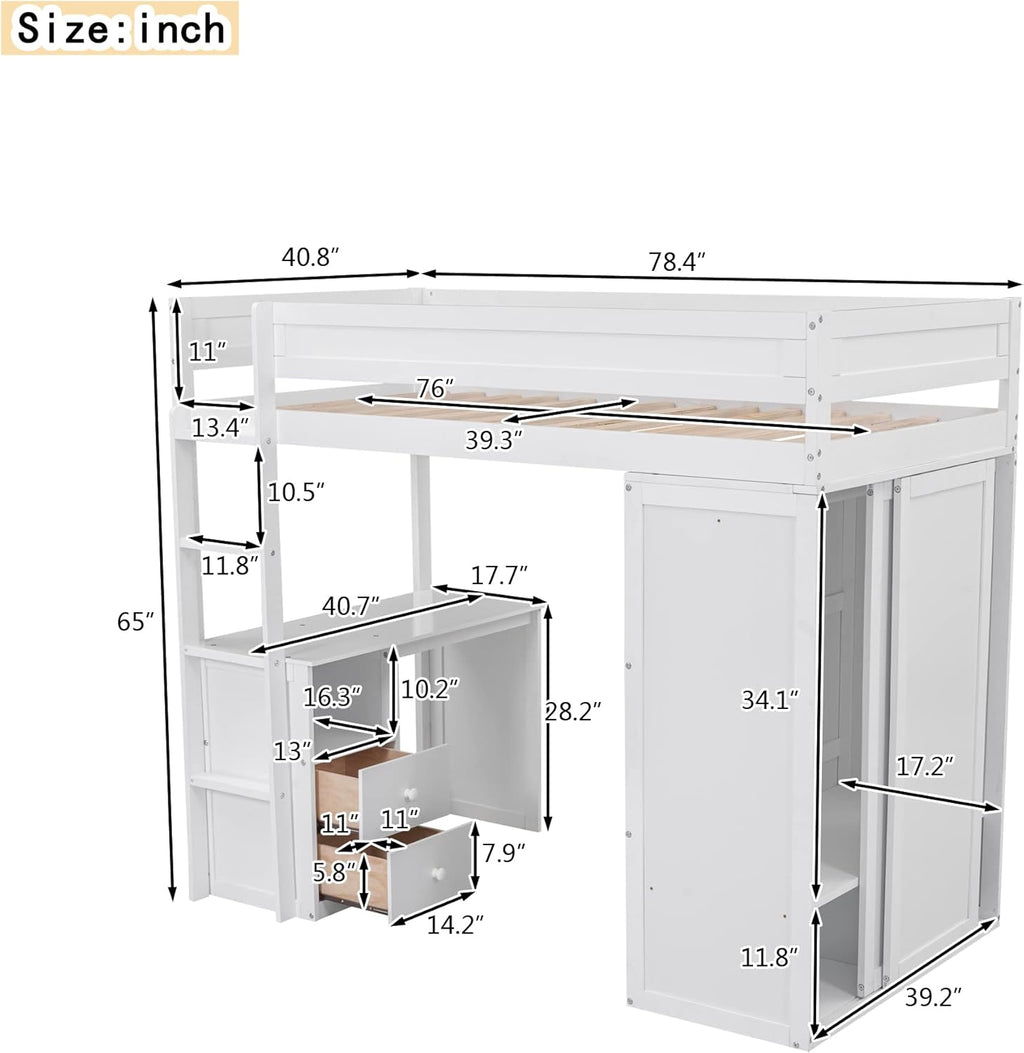 White Wooden Twin Size Loft Bed with Desk and Wardrobe T6834