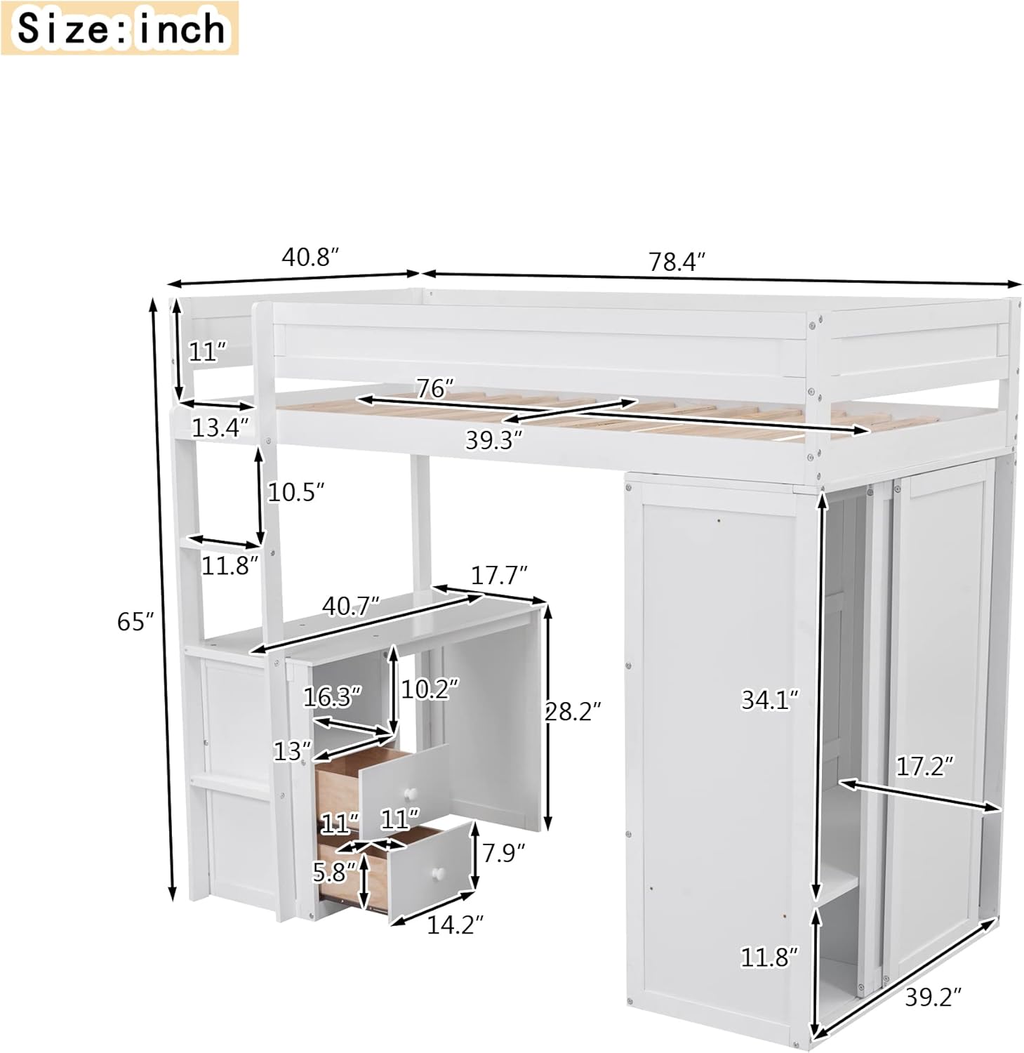 White Wooden Twin Size Loft Bed with Desk and Wardrobe T6834