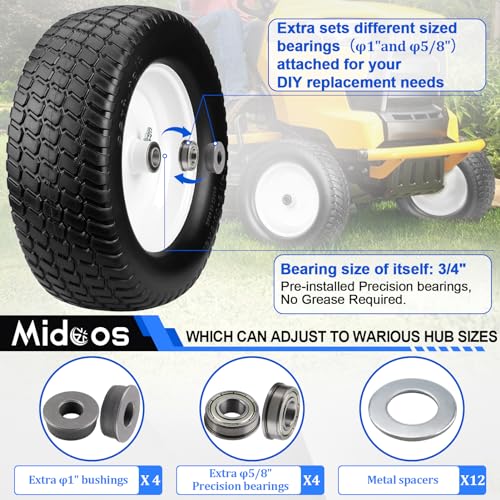 15x6.00-6nhs Lawn Mower Tires Flat Free, 2 Pcs 15x6-6 Tire and Wheel with 3/4" & 5/8" Precision Bearings -1" Bushings & 3" Offset Hub L2658
