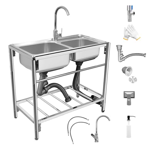 Stainless Steel Double Bowl Free Standing Utility Sink 31.5" x 16.9" x 29.5" A3040
