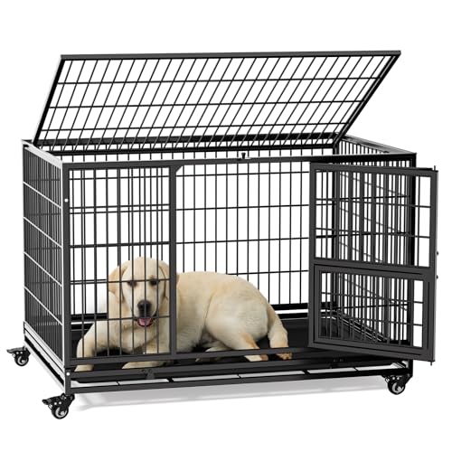 43 Inch Heavy Duty Metal Dog Crate with Wheels and Removable Tray (Black) U53837